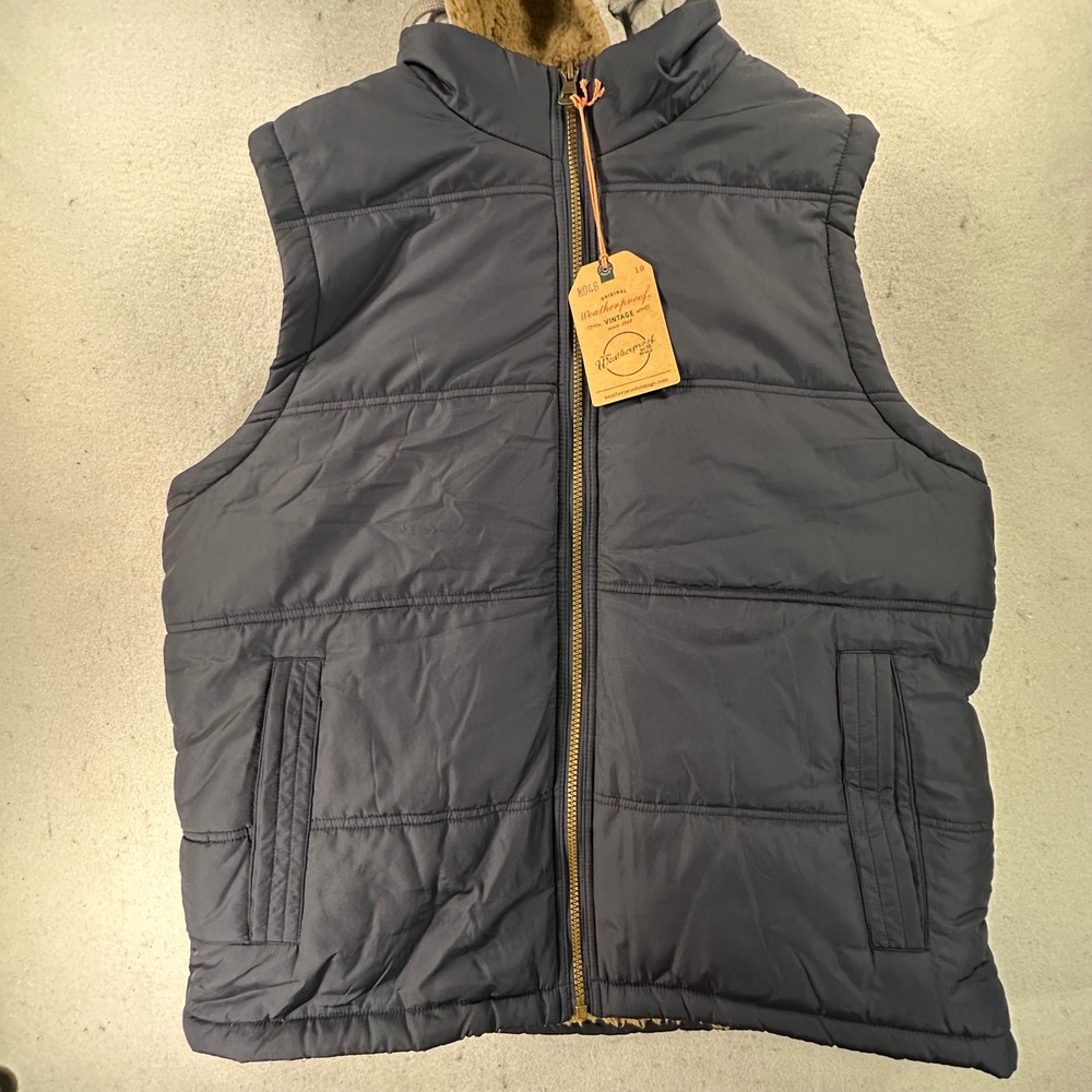 NWT Weatherproof Vintage Mens Navy Blue Sherpa Lined Puffer Vest With Hood Large